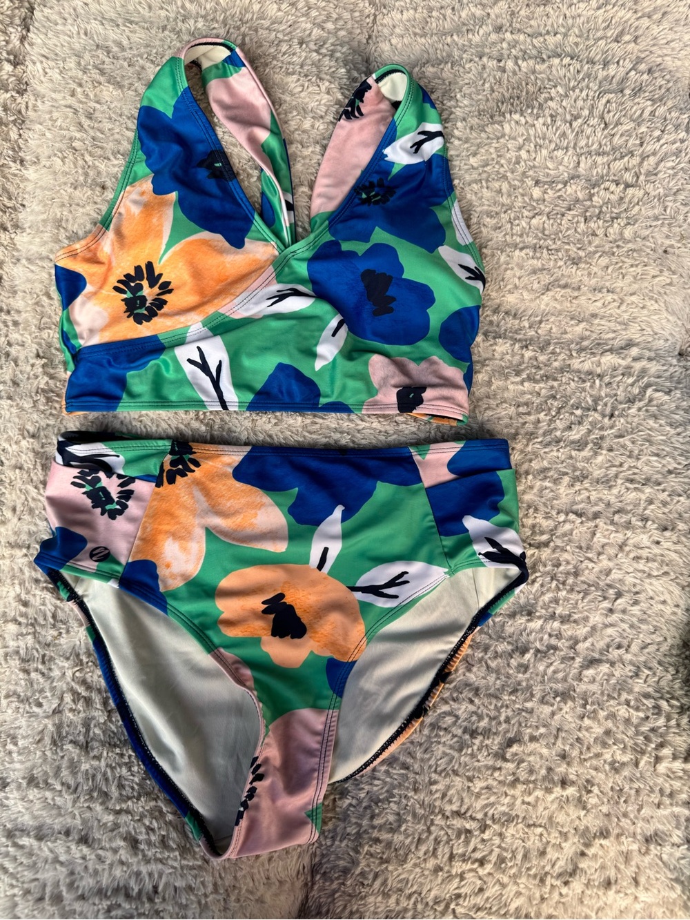 Floral V-Neck Two-Piece Bikini Set - Green Multi